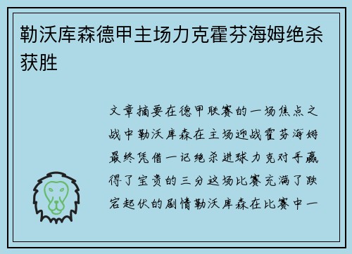 勒沃库森德甲主场力克霍芬海姆绝杀获胜 勒沃库森德甲主场力克霍芬海姆绝杀获胜