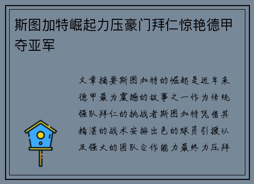 斯图加特崛起力压豪门拜仁惊艳德甲夺亚军