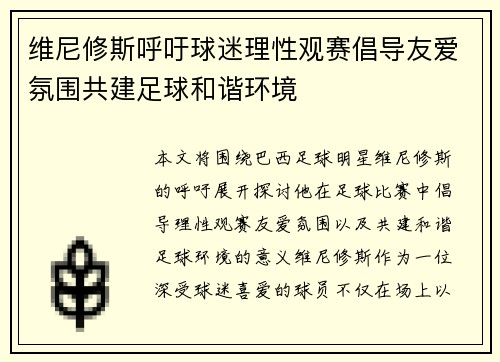 维尼修斯呼吁球迷理性观赛倡导友爱氛围共建足球和谐环境 维尼修斯呼吁球迷理性观赛倡导友爱氛围共建足球和谐环境